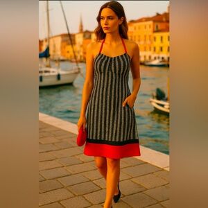 Tocca Black and White Striped Halter Dress with Red Hem European summer